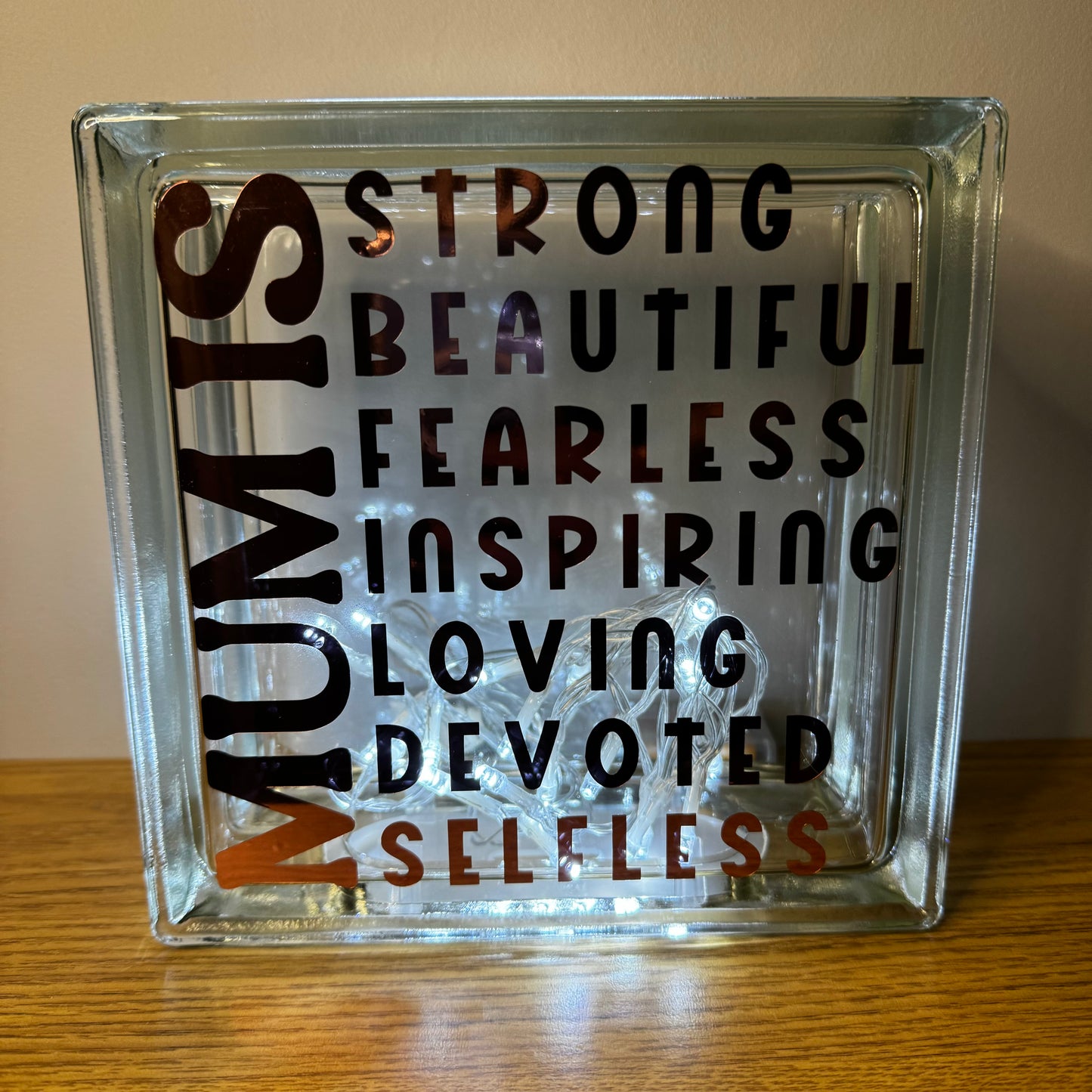 Mum glass block with lights