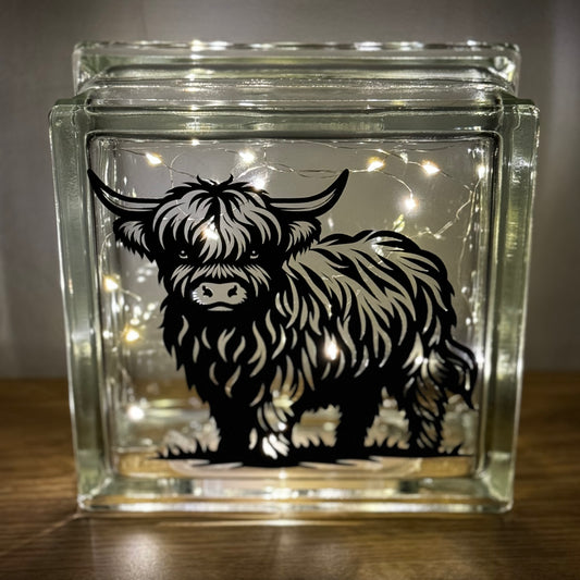 Highland cow glass light up glass block 