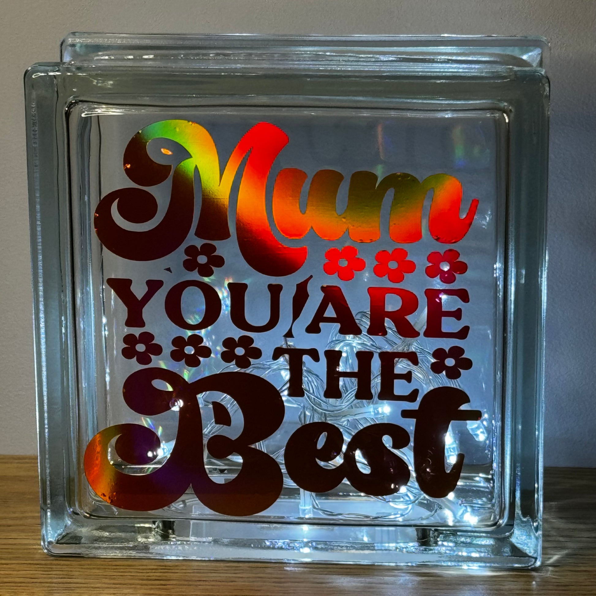 Mum glass block with lights 