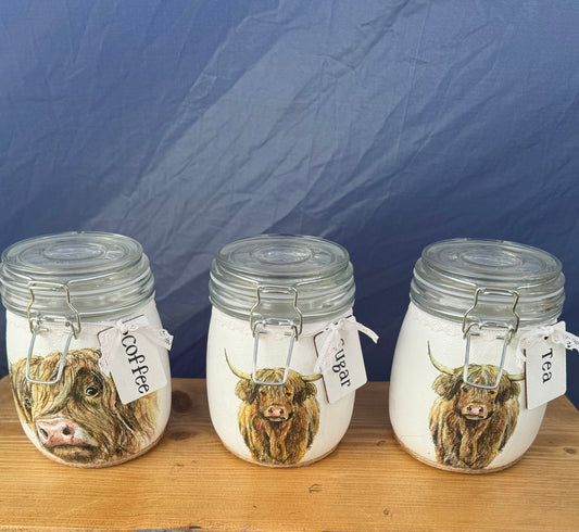 Highland cow tea, coffee and sugar canisters 